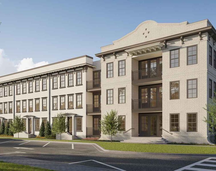 This image shows a new multi-story residential building with a beige and brown exterior, balconies, and a parking area in the foreground.