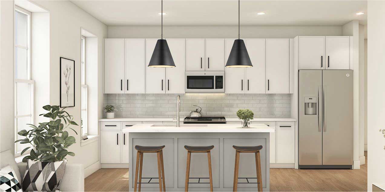 A modern kitchen with white cabinetry, stainless steel appliances, pendant lights, a central island with stools, and a decorative plant in the corner.