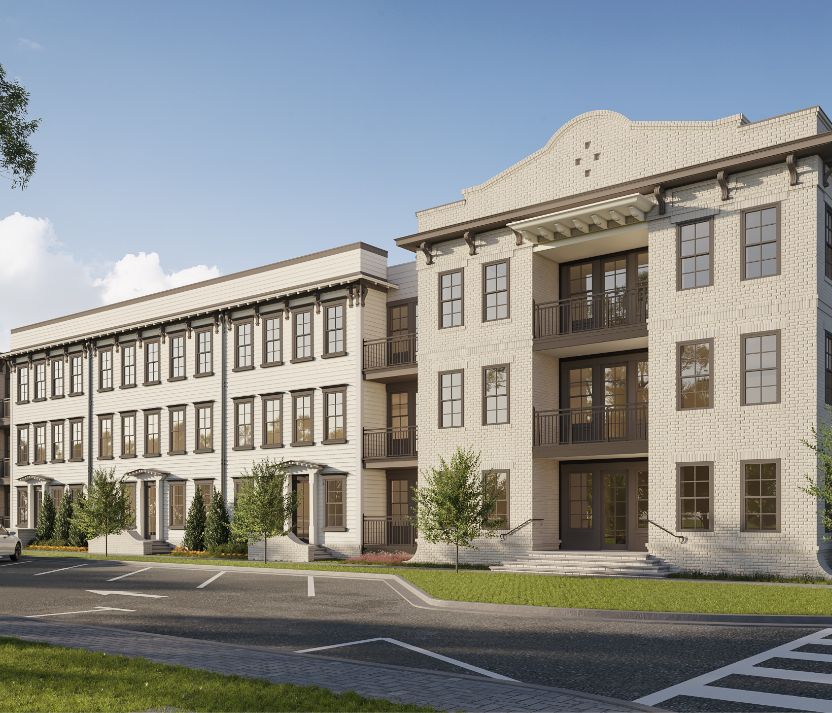 This is a computer rendering of a three-story residential building with white and brown façade, balconies, large windows, and a crosswalk in front.