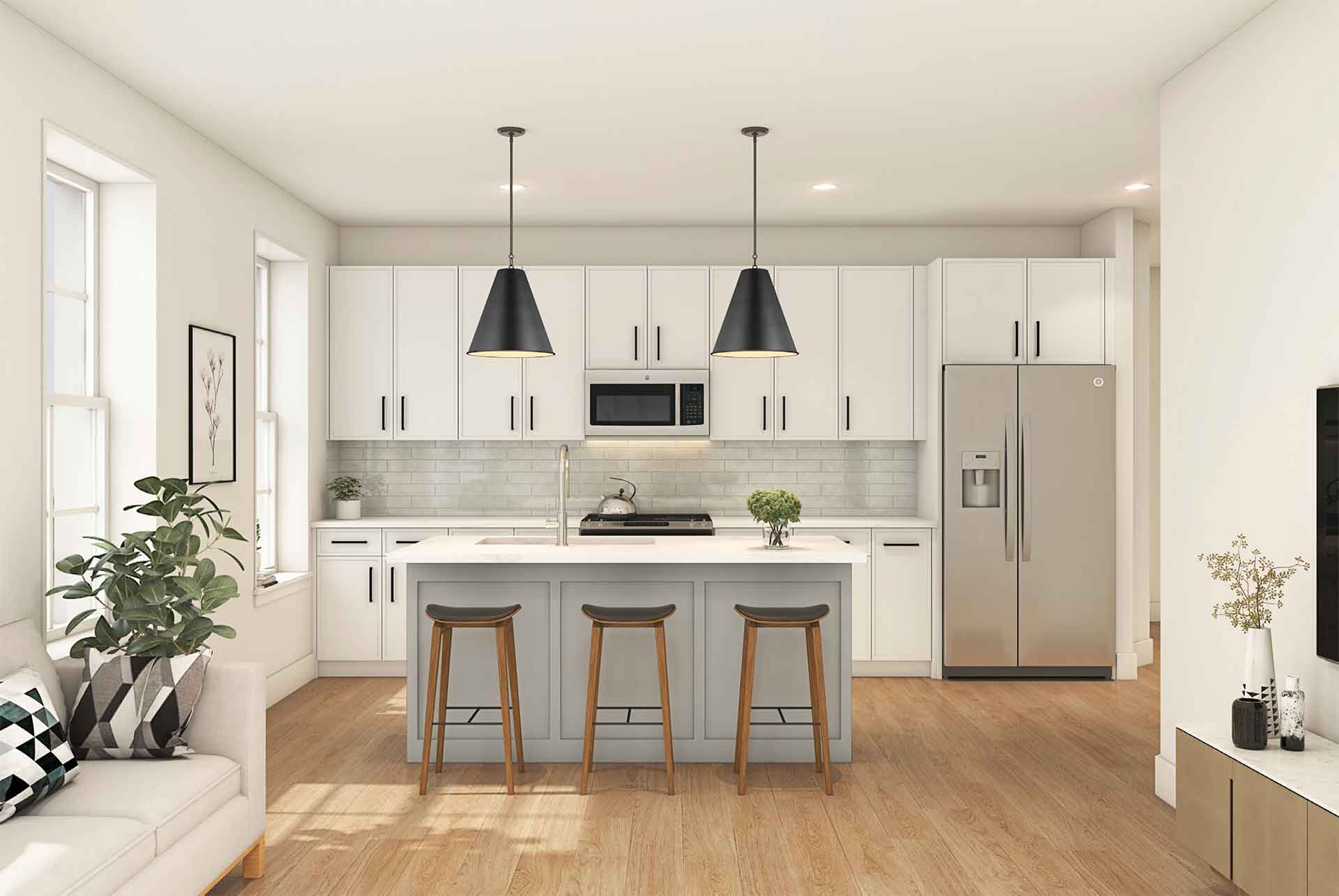 Modern kitchen interior with white cabinetry, stainless steel appliances, pendant lighting over an island with stools, hardwood floors, and minimalist decor.