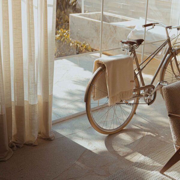 The image shows a sun-lit room with sheer curtains, a vintage-looking bicycle with a blanket on it, and a view of an outdoor area.