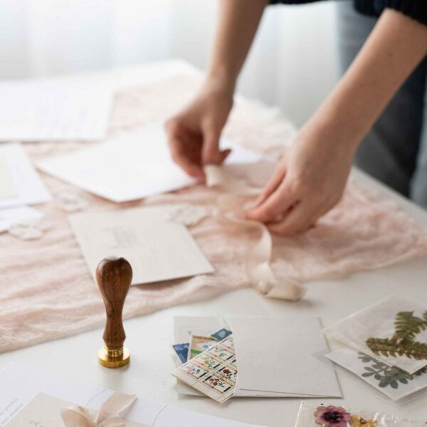 A person is handling invitations on a table scattered with cards, envelopes, a wax seal stamp, ribbon, and decorative botanicals. The setting looks crafty and elegant.