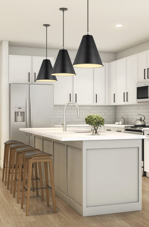 Rendering of gorgeous interior kitchen with modern finishes and stainless steel appliances