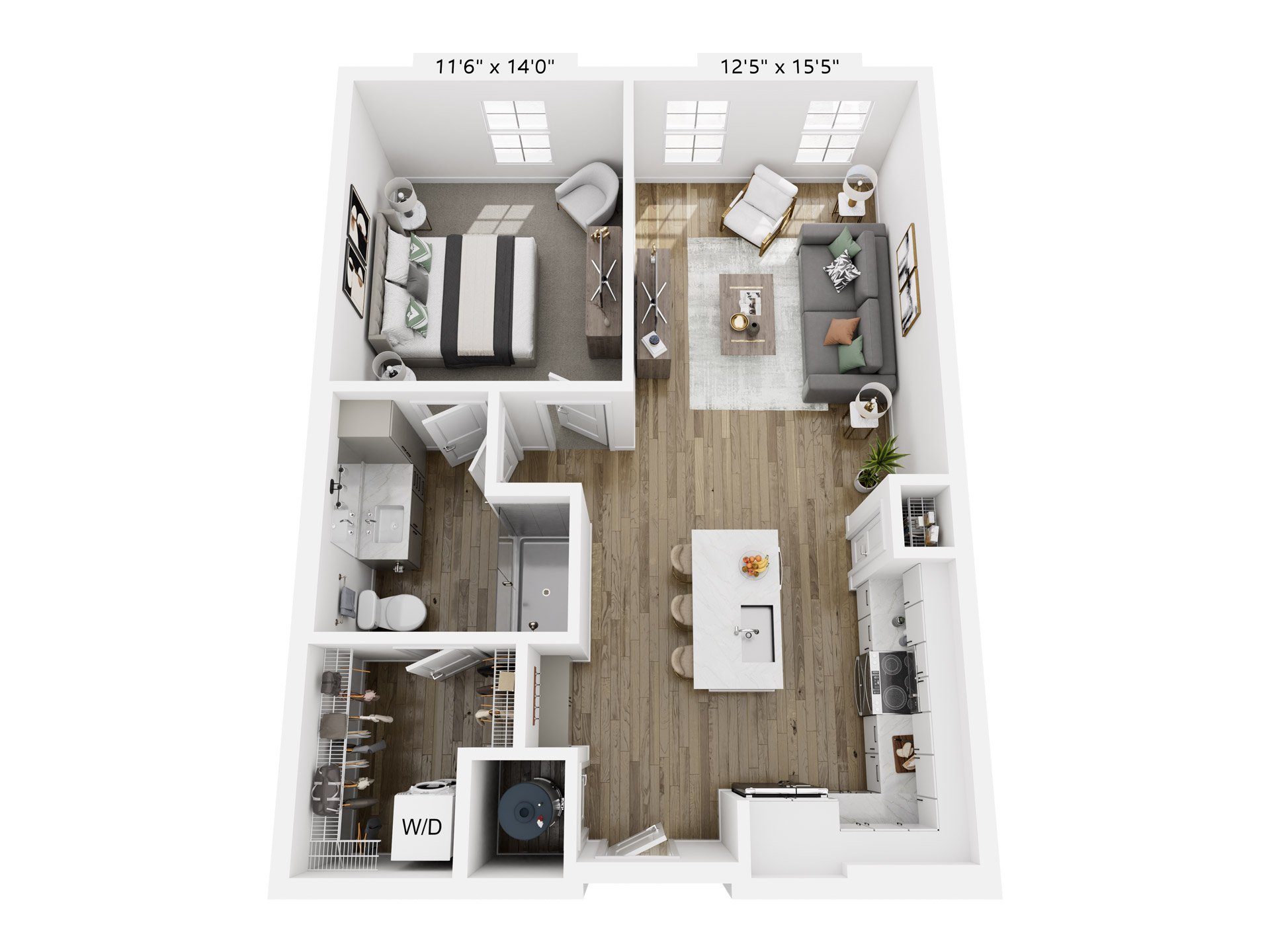 A 3D image of the A1a floorplan, a 765 squarefoot, 1 bed / 1 bath unit