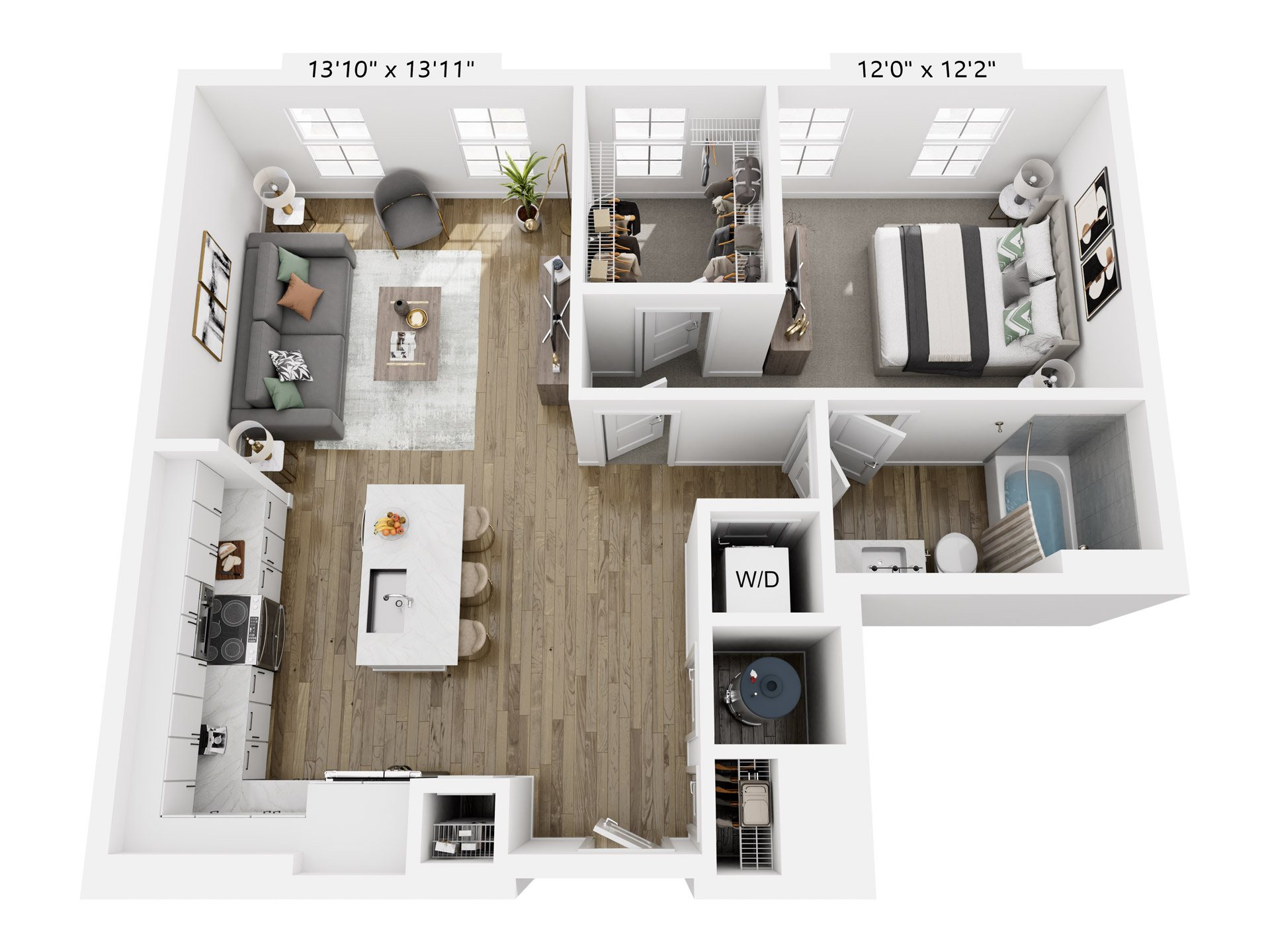 A 3D image of the A2 floorplan, a 817 squarefoot, 1 bed / 1 bath unit
