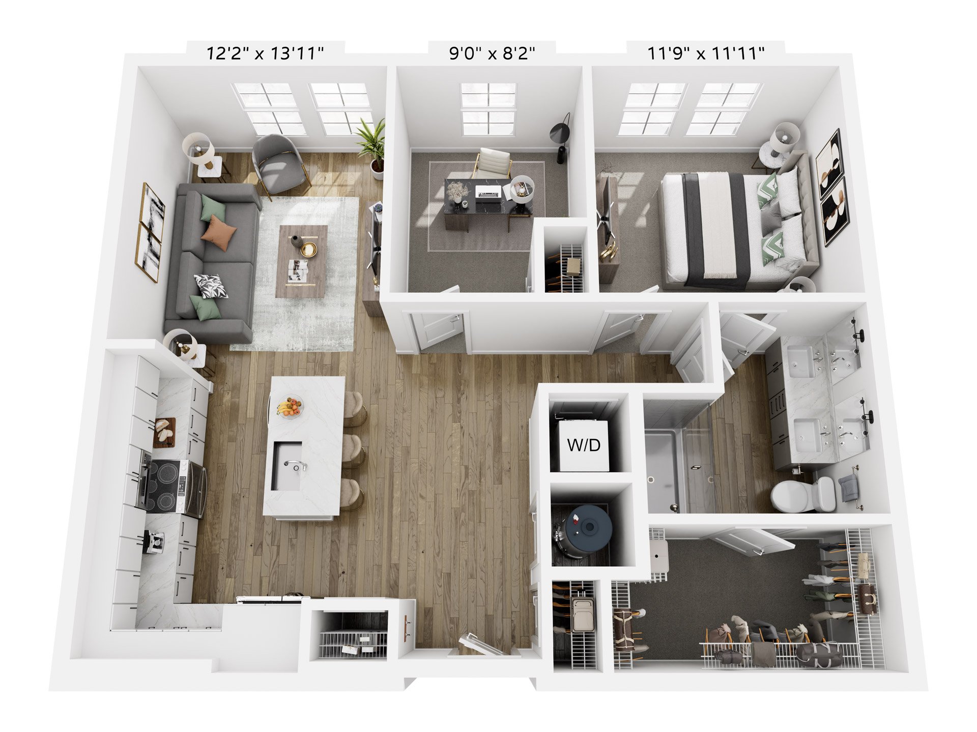 A 3D image of the A4 floorplan, a 907 squarefoot, 1 bed / 1 bath unit