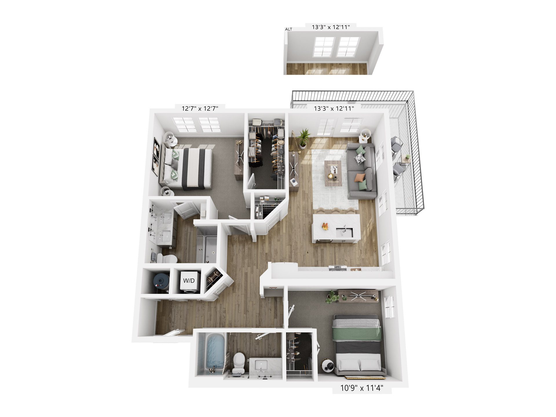 A 3D image of the B2 floorplan, a 1089 squarefoot, 2 bed / 2 bath unit