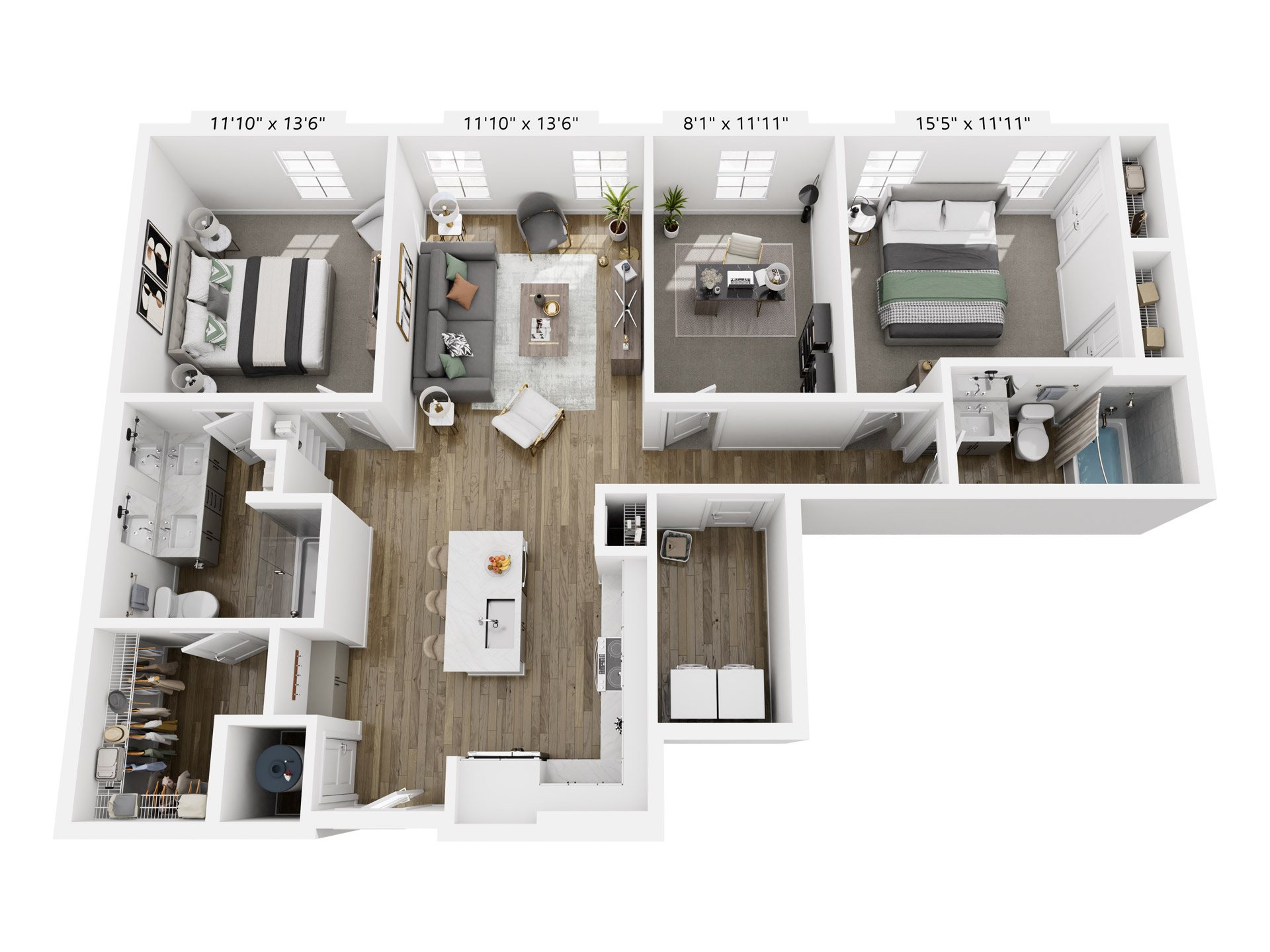 A 3D image of the B4 floorplan, a 1255 squarefoot, 2 bed / 2 bath unit