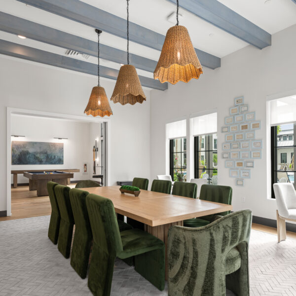 Community clubroom entertainment kitchen with ample seating and natural light.